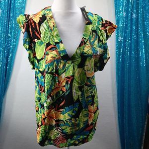 NWT Anne Carson Women's Size M Tropical Floral Summer Blouse Flutter Sleeves